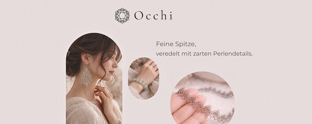 Handgefertigte Occhi-Spitze mit Perlen, filigrane Spitzenohrringe und Schmuckdetails von Kristallflora