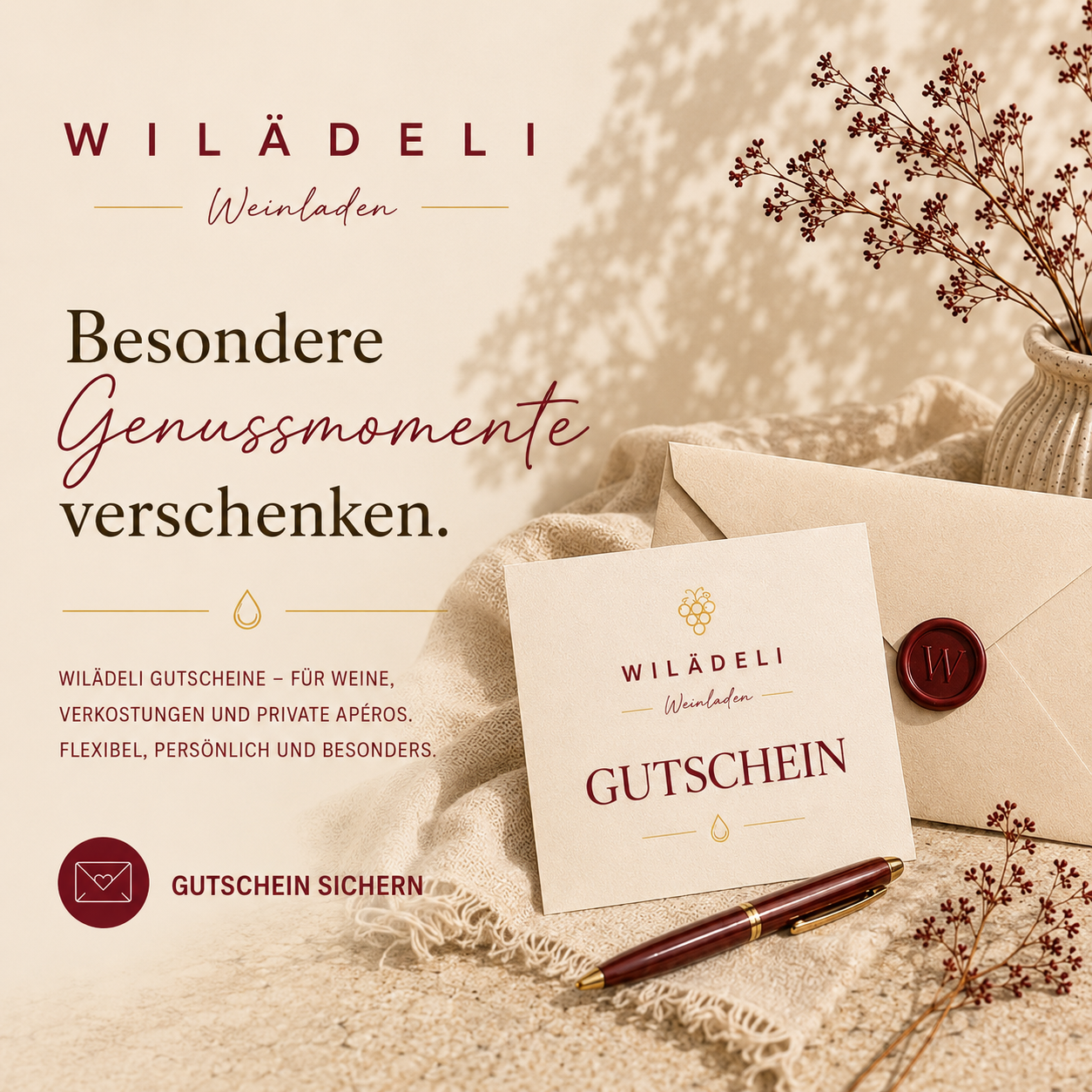 Eleganter Wilädeli Gutschein für Weine, Verkostungen und private Apéros.