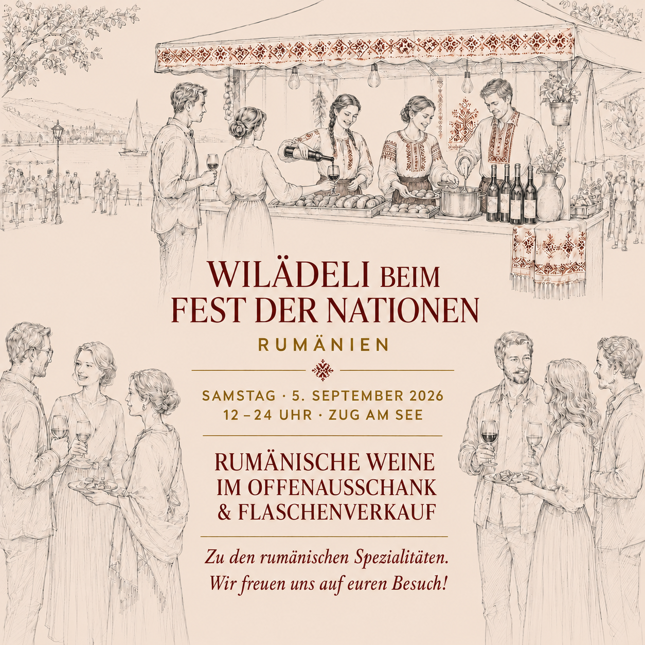Ankündigung der Schweizer Weinverkostung Von Ticino nach Genf bei Wilädeli vom 12. bis 15. August 2026.