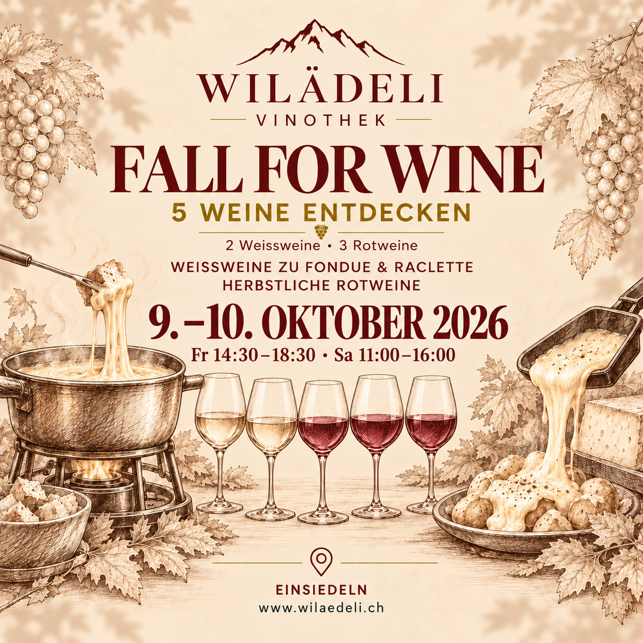 Welche Weine passen zu Fondue, Raclette und gemütlichen Herbstabenden? Entdecke zwei Weissweine und drei Rotweine bei Wilädeli in Einsiedeln.