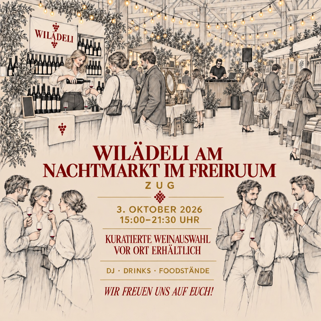 Besuchen Sie Wilädeli am 3. Oktober 2026 am Nachtmarkt im Freiruum Zug. Kuratierte Weinauswahl, DJ, Drinks und Foodstände von 15:00–23:00 Uhr.