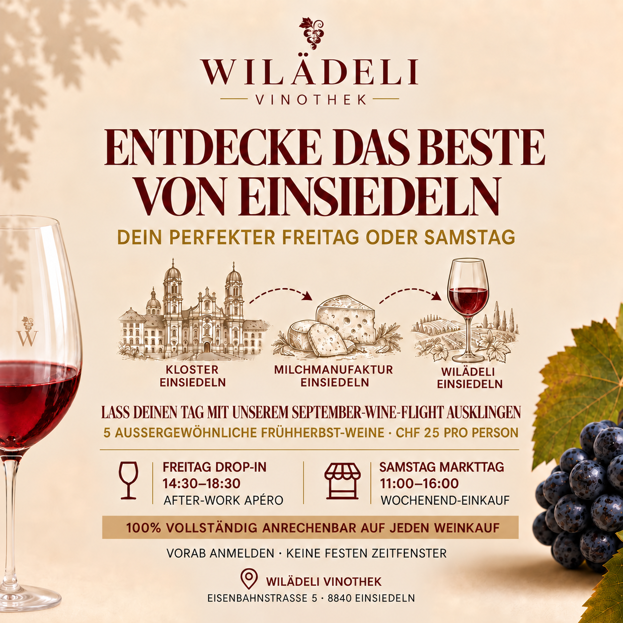 Entdecke den perfekten Ausflug nach Einsiedeln. Erlebe das Kloster, die Milchmanufaktur und unseren exklusiven Wein-Flight mit 5 Frühherbst-Weinen!