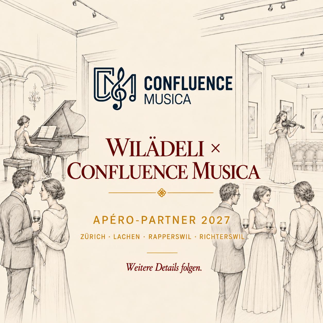 Wilädeli × Confluence Musica | Apéro-Partner 2027
Wilädeli gestaltet als Apéro-Partner die Weinbegleitung für klassische Konzerte und Kulturveranstaltungen. 2027 mit Confluence Musica.