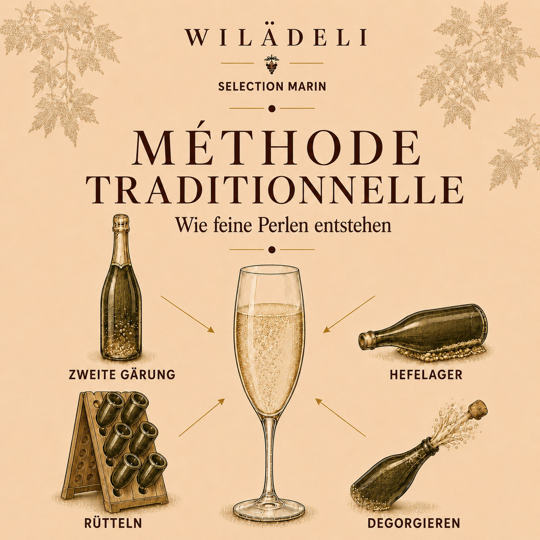 Entdecken Sie, wie bei der Méthode traditionnelle durch die zweite Gärung in der Flasche feine Perlen und typische Brioche-Aromen entstehen.