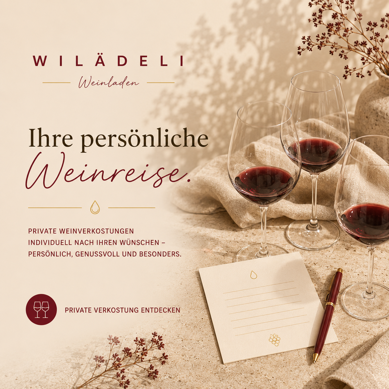 Private Weinverkostung am grossen Tisch im Wilädeli Weinladen in Einsiedeln.
