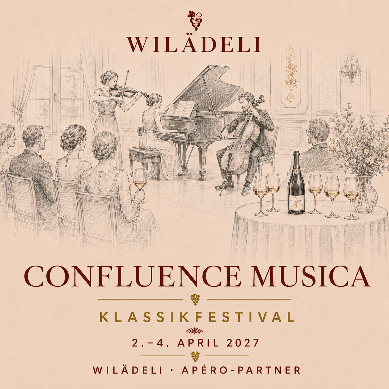 Erleben Sie Confluence Musica vom 2.–4. April 2027. Wilädeli begleitet das dreitägige Klassikfestival als Apéro-Partner mit ausgewählten Weinen.