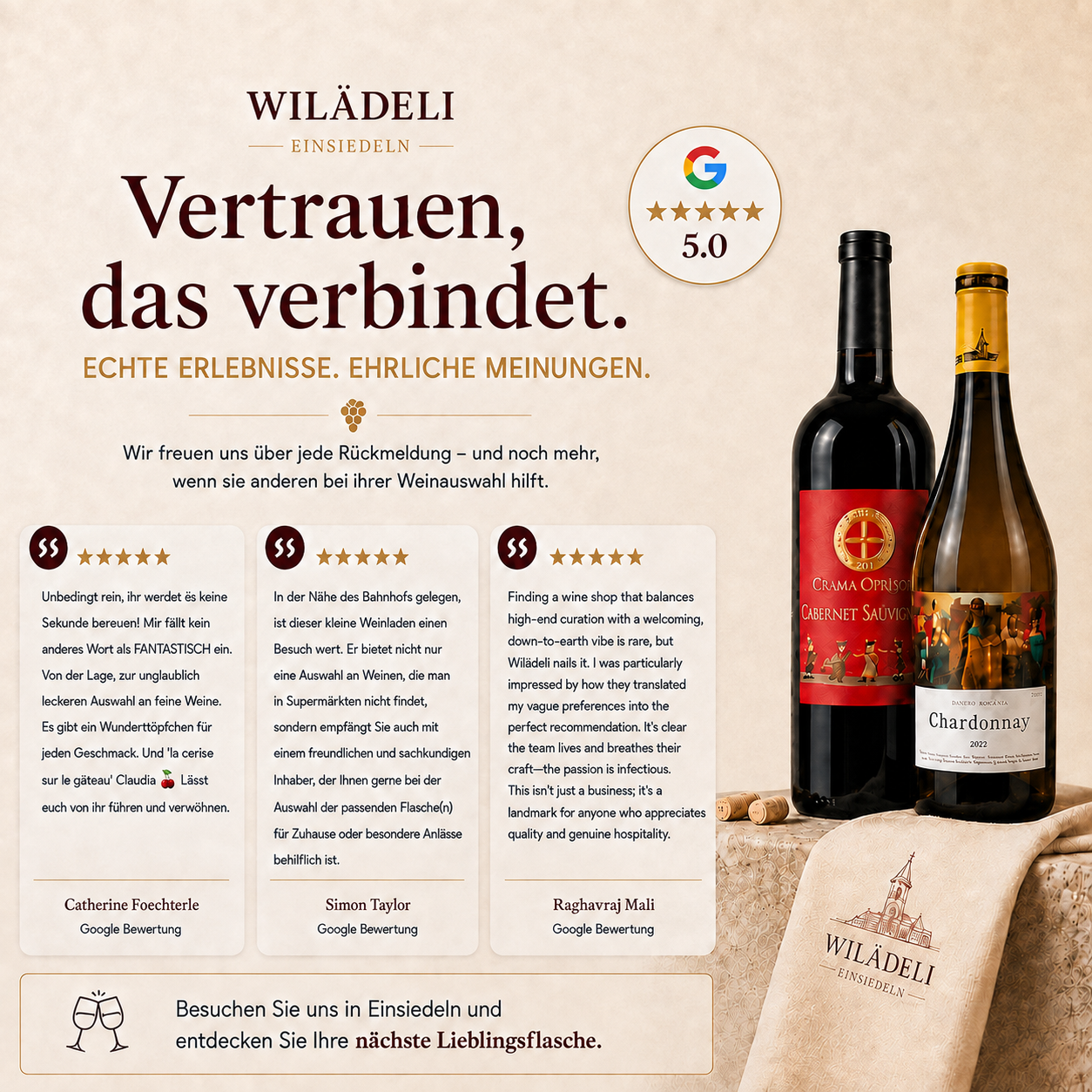 Lesen Sie, was unsere Kundinnen und Kunden über Wilädeli sagen, und entdecken Sie persönlich ausgewählte Weine in Einsiedeln.