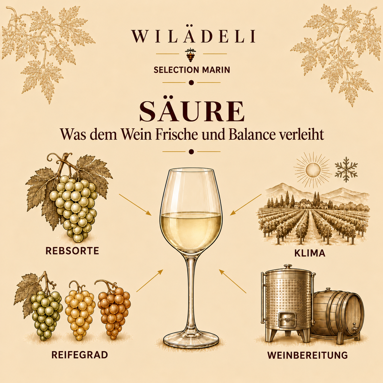 Erfahren Sie, wie Säure die Frische, Struktur und Balance eines Weins prägt und welchen Einfluss Rebsorte, Klima, Reifegrad und Weinbereitung haben.