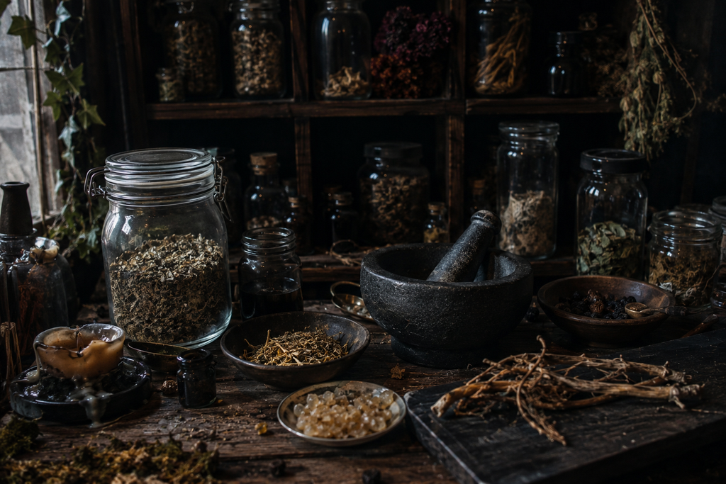 ​A ritual altar setup on a wooden table featuring a smoking incense bowl, a glowing heart-shaped candle, crystals, and dried herbs.