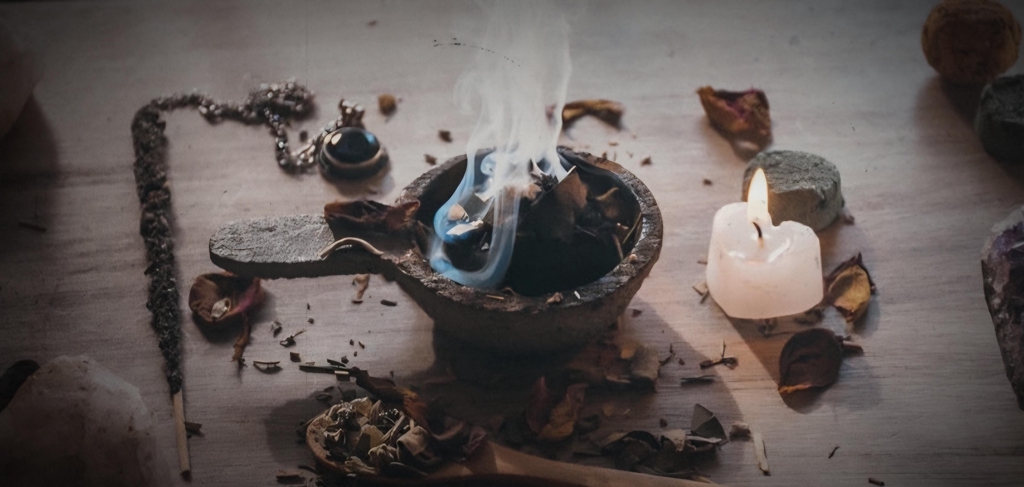 ​A ritual altar setup on a wooden table featuring a smoking incense bowl, a glowing heart-shaped candle, crystals, and dried herbs.