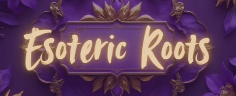 Esoteric Roots logo featuring gold script text on a purple floral and ornate gold filigree background.