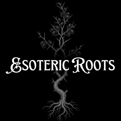 Esoteric Roots logo featuring gold script text on a purple floral and ornate gold filigree background.