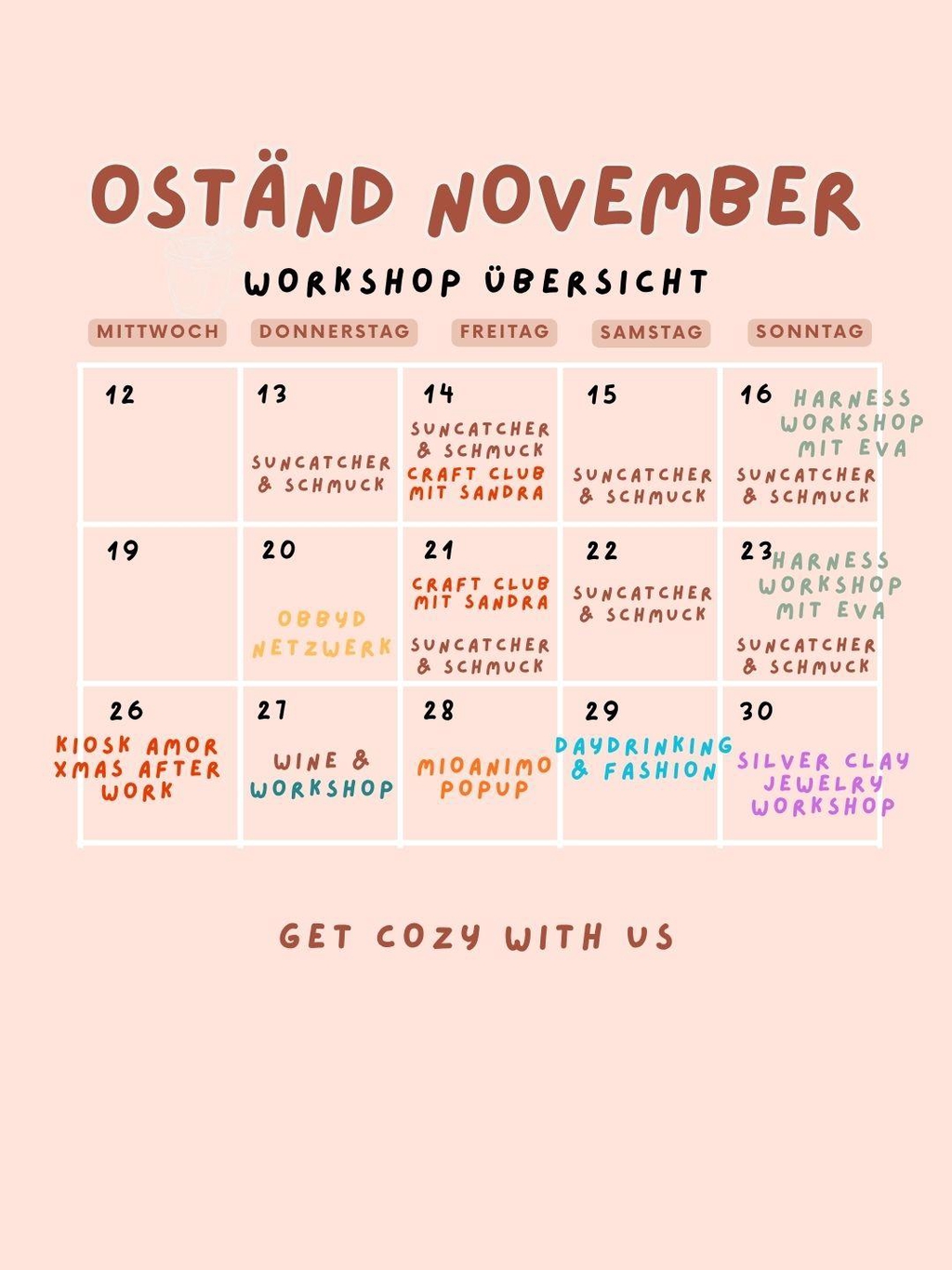 Wir bieten Dir unglaublich entspannende Workshops bei uns in Frankfurt. Wir bieten offene Workshops wie perlenschmuck selbst herstellen, Suncatcher basteln oder aber von externen angebotene Kurse wie Harness, Silver Clay, Häkel Kurs, Winetasting, Frauennetzwerktreffen