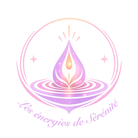Logo spirituel et énergétique représentant une goutte sacrée rose et violette entourée d’un cercle lumineux, symbole de sérénité, d’harmonie et de bien-être énergétique – Les énergies de Sérénité