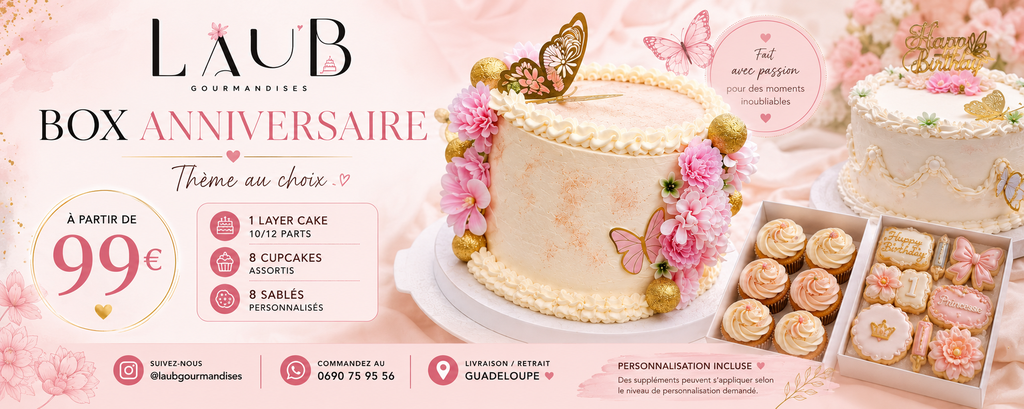 Offrez un anniversaire gourmand avec notre Box Anniversaire personnalisée en Guadeloupe. Comprend 1 Layer Cake (10 à 12 parts), 8 cupcakes assortis et 8 sablés personnalisés. Thème au choix. Retrait ou livraison selon secteur. Réservation sur commande.