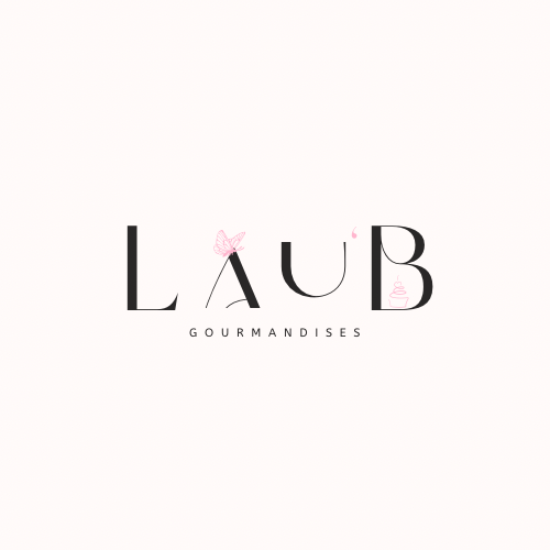 Collection de Noël Lau’B Gourmandises : bûches de Noël artisanales et coffrets de sablés décorés, dans un univers festif rose, blanc et doré.