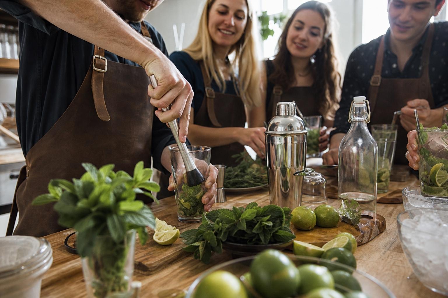Atelier cocktail L'Atelier du 7, préparation d'un mojito avec menthe et citron vert