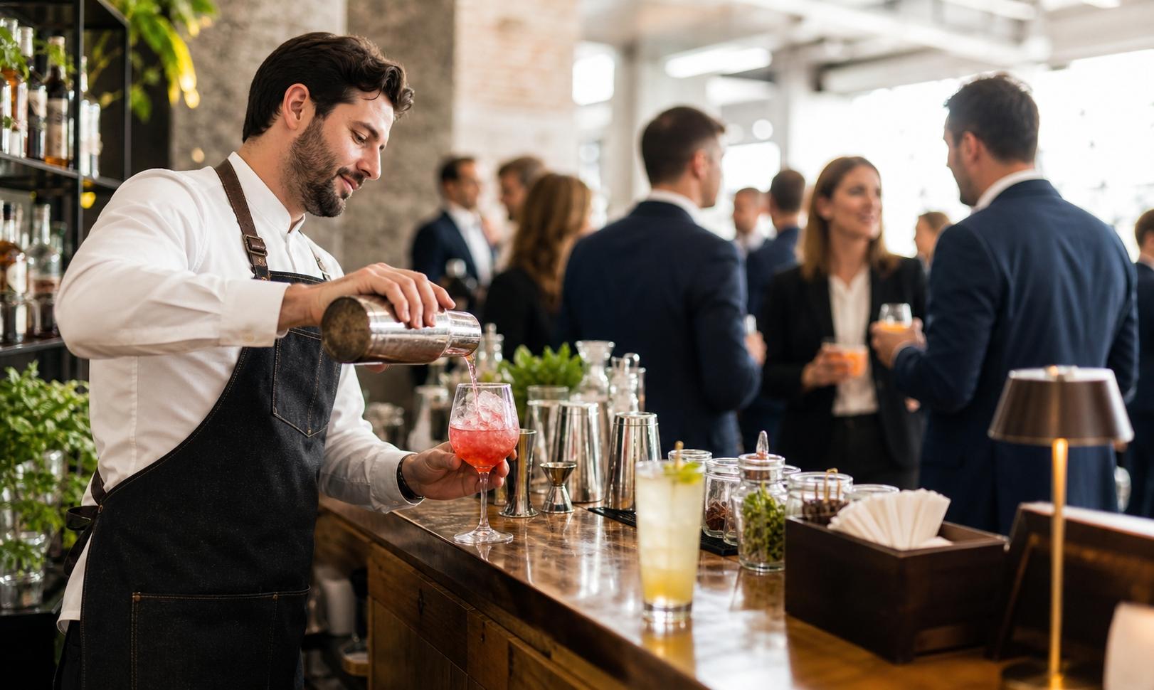 Barman de L'Atelier du 7 préparant un cocktail lors d'un événement d'entreprise