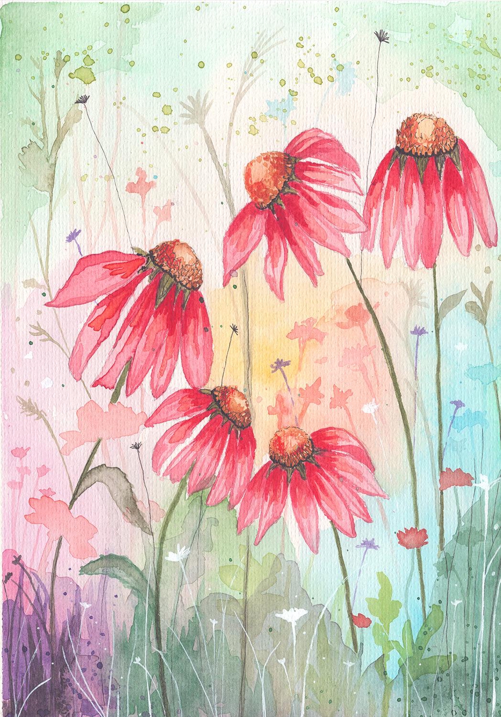 Botanical watercolour art, Herbal art, echinacea, flower art, art prints, watercolour bright colourful art