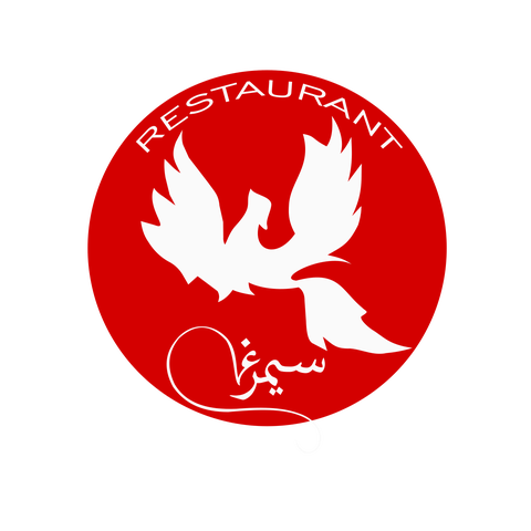 Rundes Kreis-Logo der Restaurant Simorgh mit einem weißen Vogel in der Mitte des Kreises.