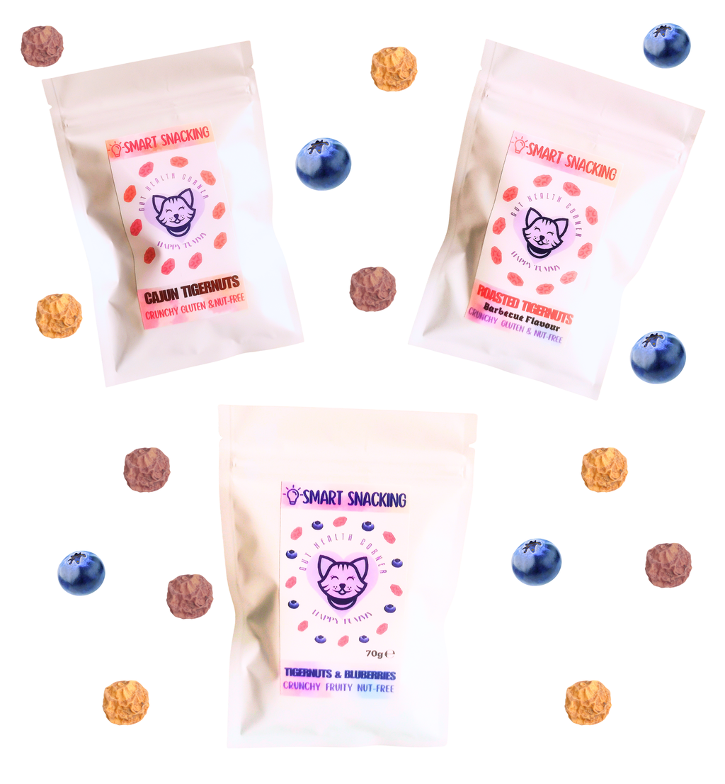 Tigernuts packs with barbecue,  Cajun flavours, and mixed with blueberries.