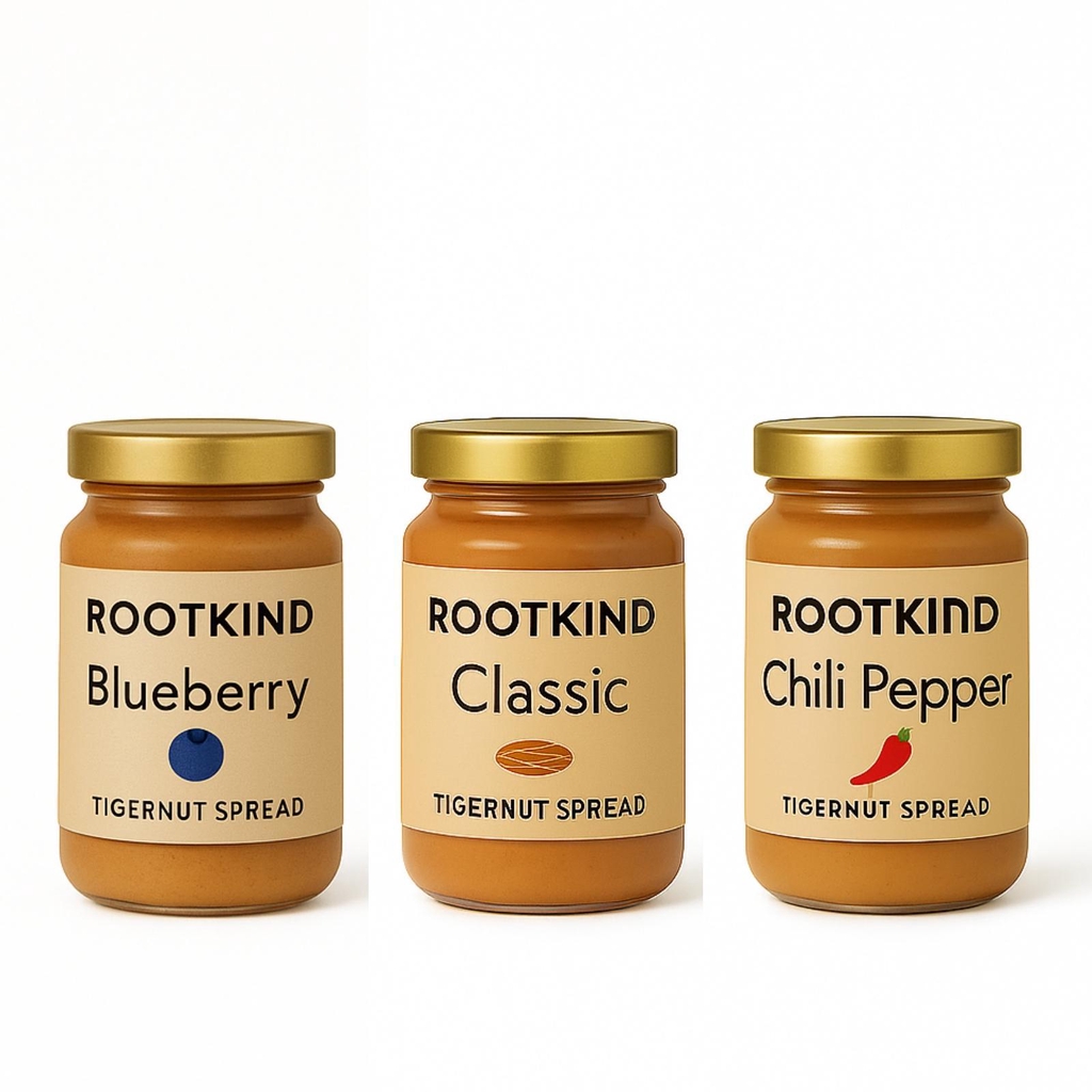 Tigernut Spreads: classic, blueberry and chili pepper.