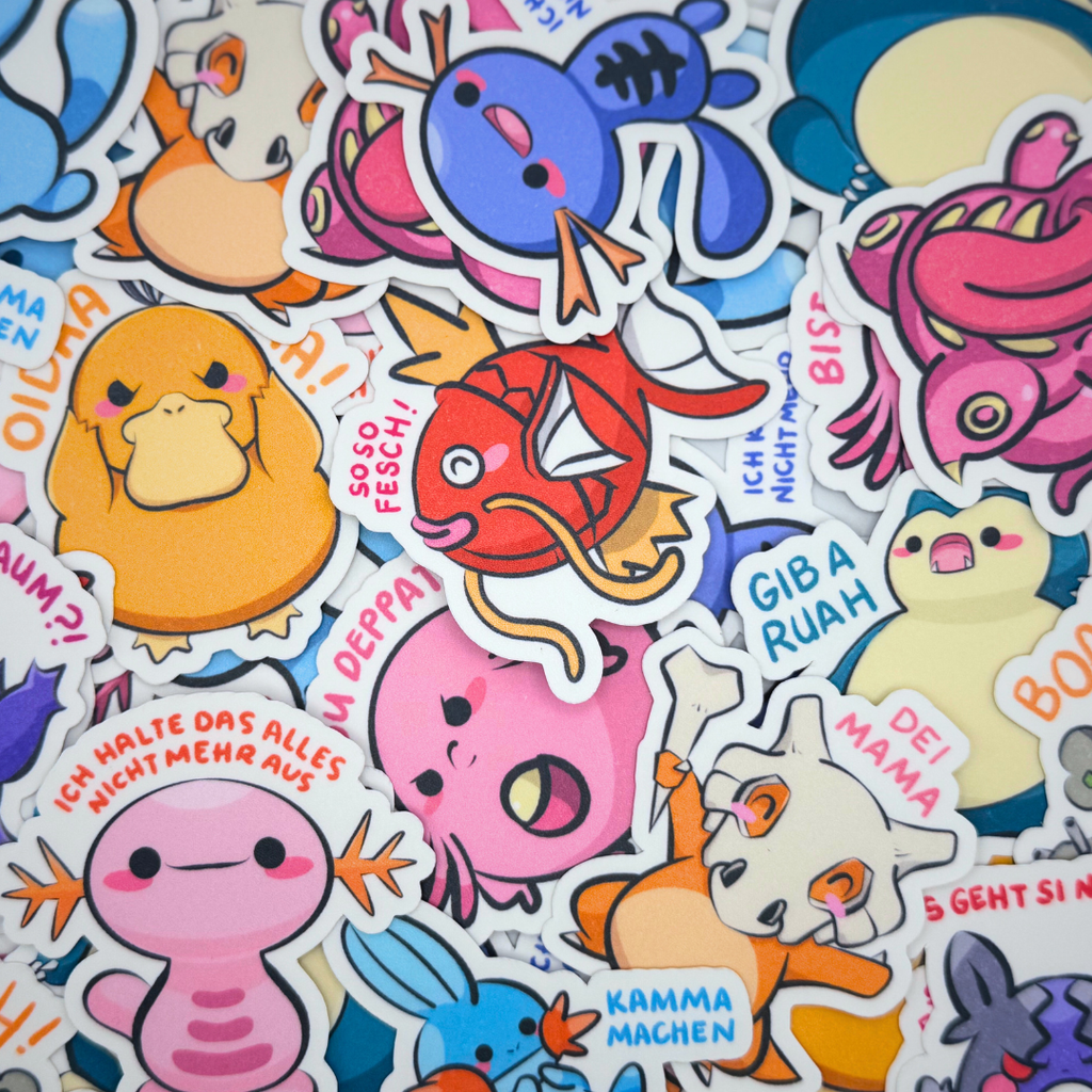 Close-up of colorful kawaii animal stickers with cute cartoon characters, pastel colors, and Austrian dialect phrases.