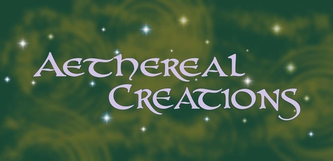 Purple text reads "Aethereal Creations" on a background of green swirls and sparkles