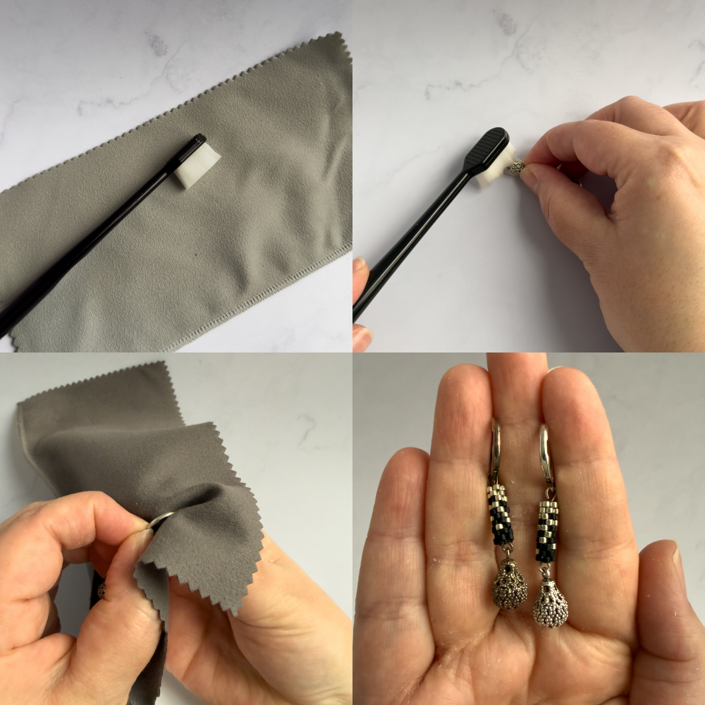 Étapes d'entretien d'un bijou en perles tissées : brosse douce pour les perles, chiffon microfibre pour les parties métalliques, et résultat sur des boucles d'oreilles artisanales