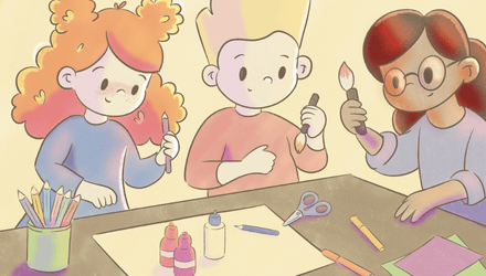 illustration de livre de Azalys: Mia ou l'art de croire en soi représentant Mia, Pilou et Sophia qui créent une maquette.