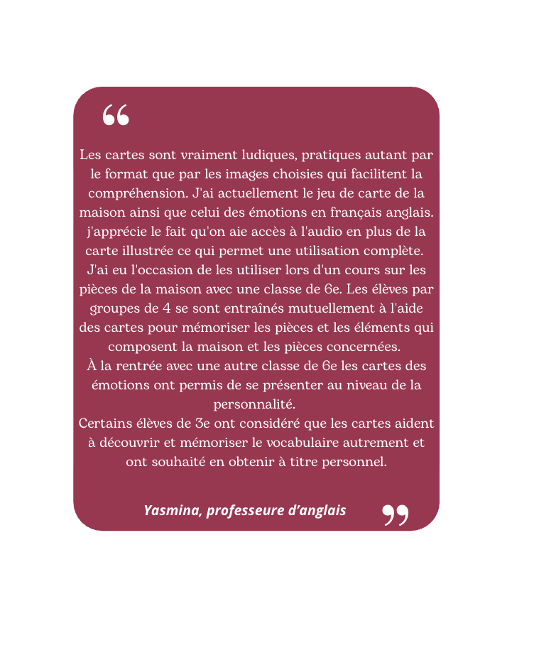 Avis sur les cartes éducatives bilingues d'un professeure d'anglais.