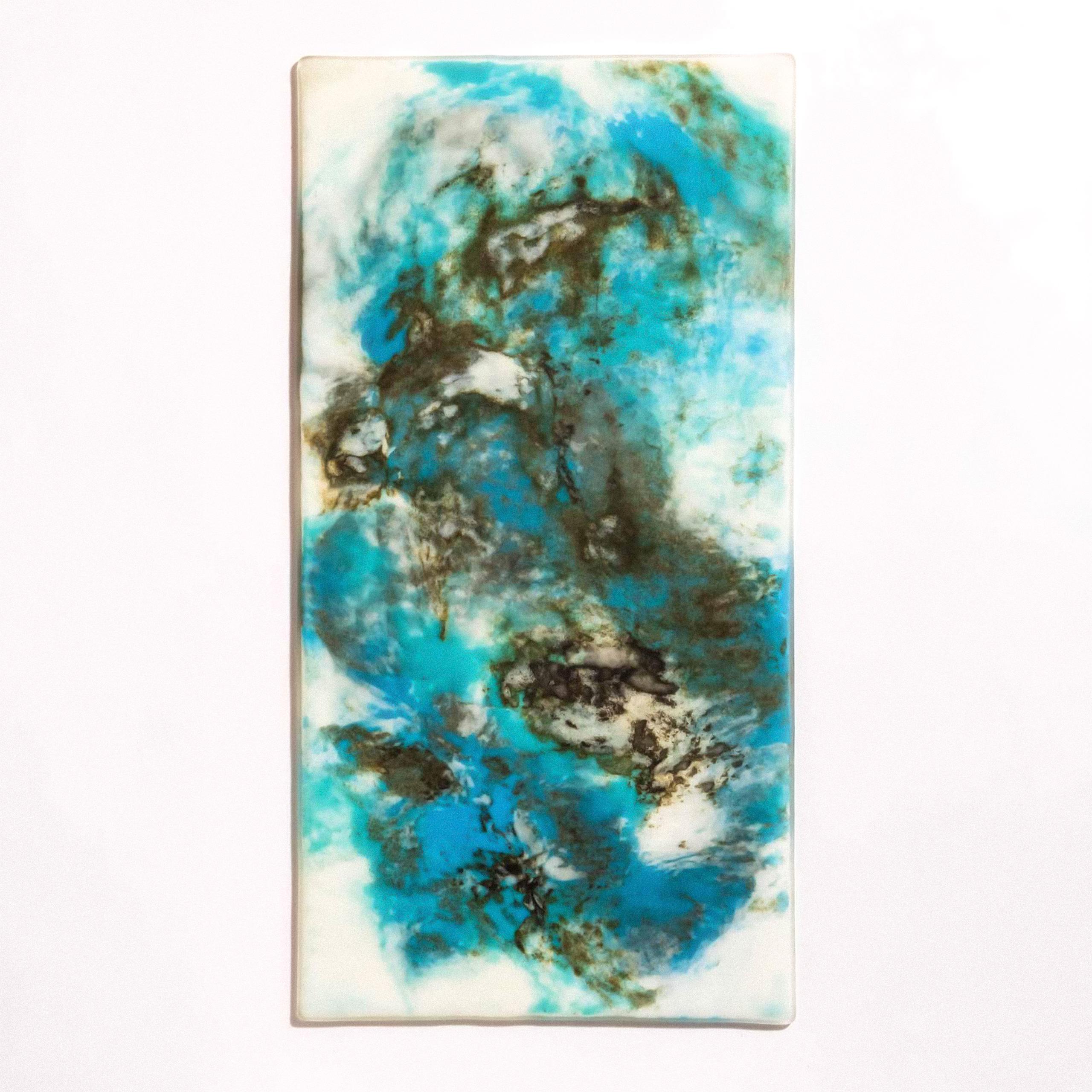 Glass panel with abstract blue and brown shapes