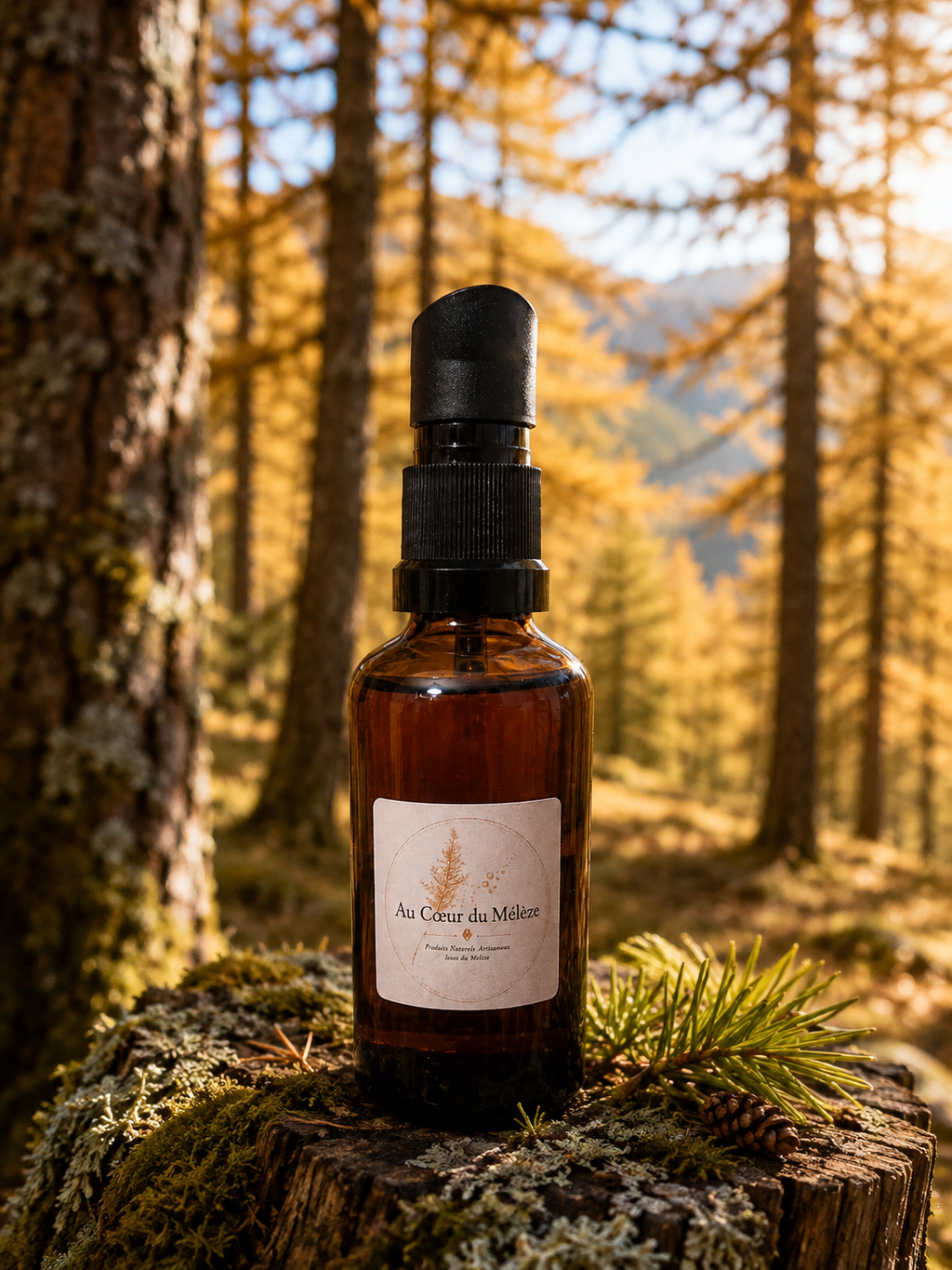 Photo de sérum anti-âge aux extrait d'écorce de mélèze dy Mercantour. Flacon ambré au milieu d'une foret alpine.