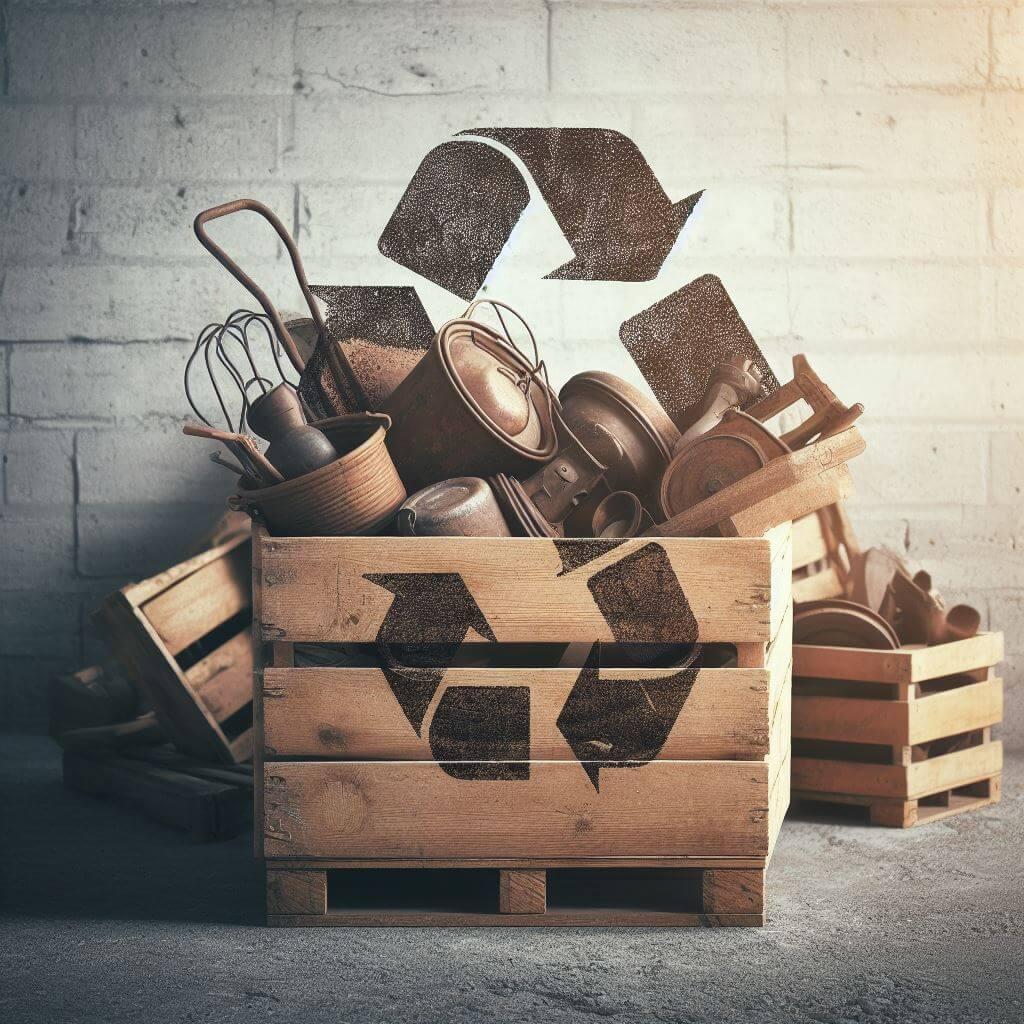 Recyclage de vieux objets - Ustensiles du quotidien dans des Caisses en Bois.