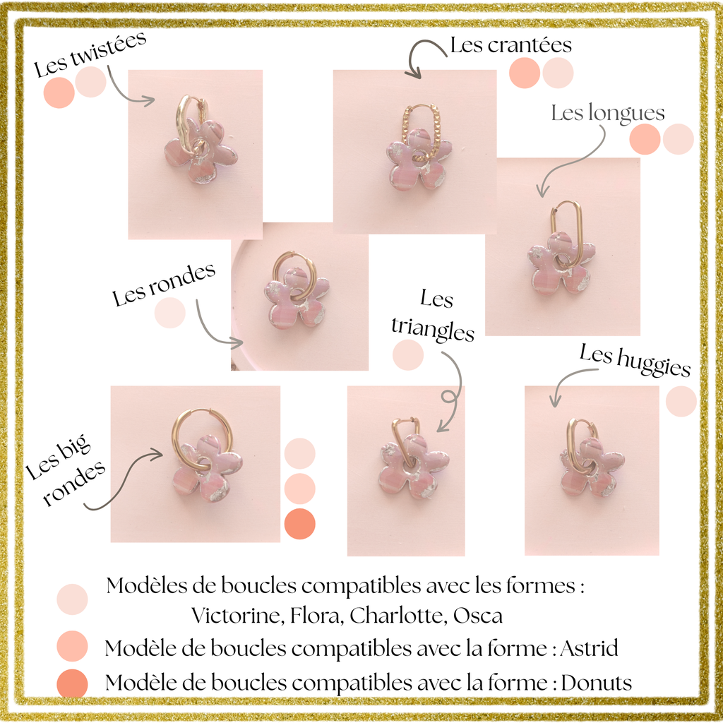 Pour composer au mieux tes boucles d'oreilles, choisis dans un premier temps tes Interchangeables. Vérifie ensuite dans le descriptif ci-contre les boucles qui sont adaptées. Puis rendez-vous dans la section "les supports des Interchangeables" pour les sélectionner et les ajouter dans ton panier ! 