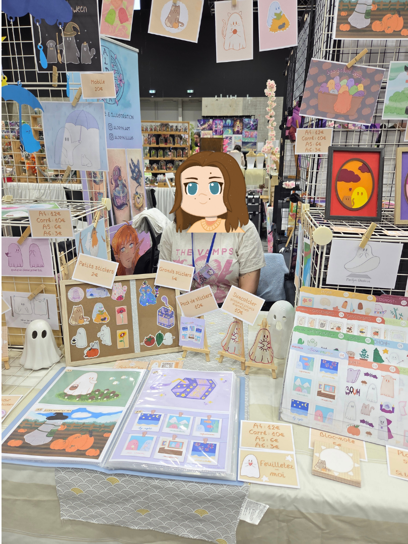 stand de soleildecha à la convention d'Anim'est avec tous ses produits : planches de stickers, dioramas, stickers, illustrations