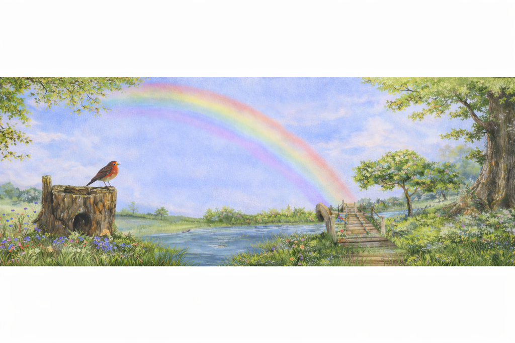Illustrated countryside scene from a children’s book, showing a robin perched on a tree stump beside wildflowers, a flowing stream, a wooden footbridge, and a rainbow arching across a blue sky