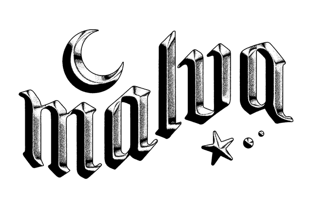 Logo Malva en lettres gothique à effet 3D chrome argenté ondulé avec lune et étoile.