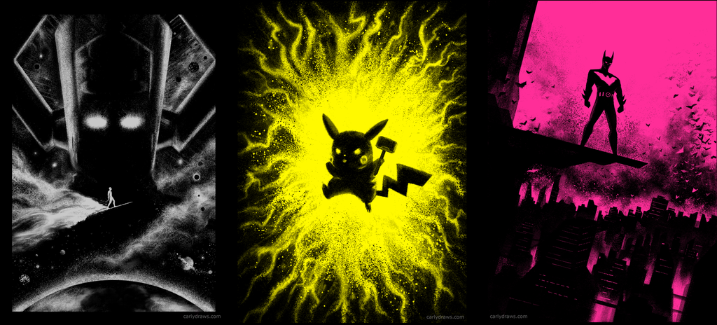 Silver Ink on black, fluorescent yellow and pink!