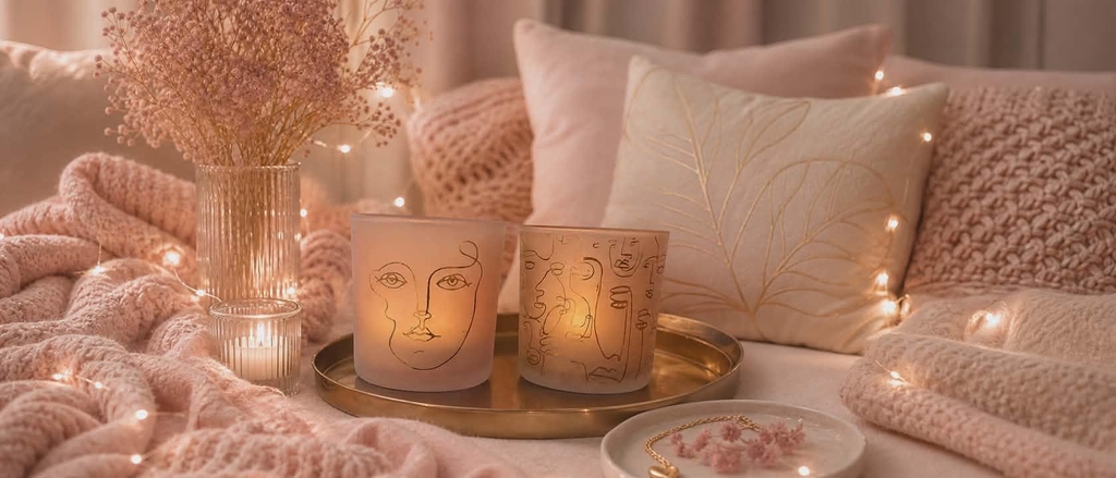 Capsule Marie & Laure, une collection de bougies artisanales créées pour offrir un moment de douceur. Bougies dans les tons rose poudré et doré. 