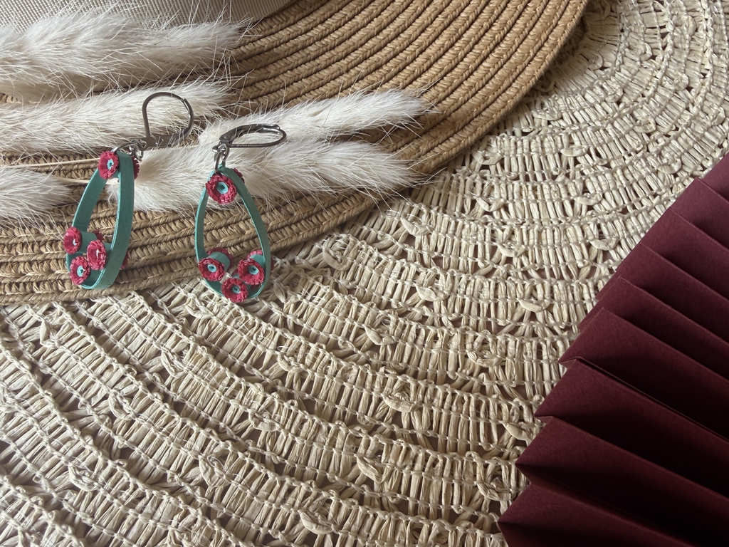 Paire de boucles d'oreilles pendantes en papier avec monture en forme de goutte bleu . De petites pâquerettes fuchsia à cœur bleu sont disposées sur la monture. Fermoirs dormeuses (argentés).