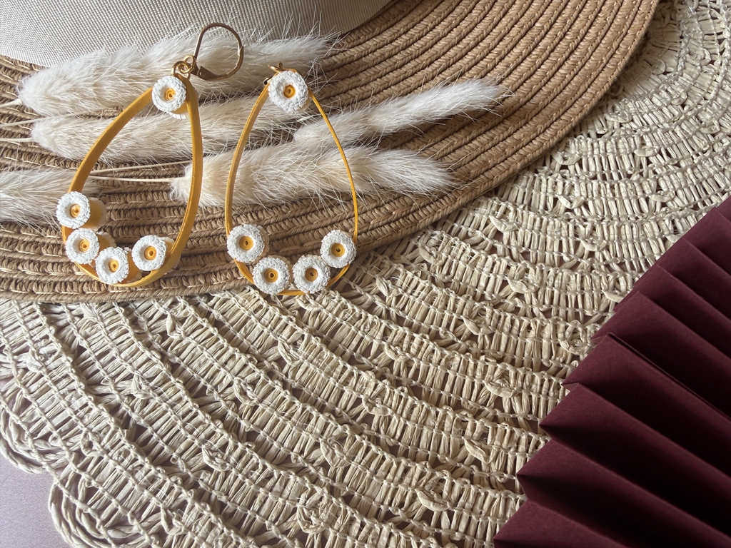 Paire de boucles d'oreilles pendantes en papier avec monture en forme de goutte jaune . De petites pâquerettes blanches à cœur jaune sont disposées sur la monture. Fermoirs dormeuses (dorés).