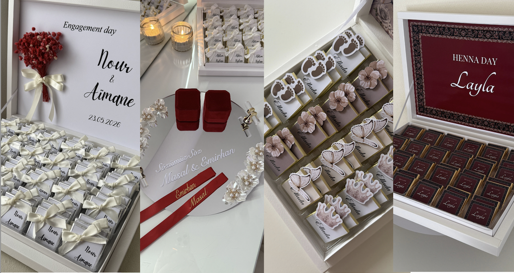 Boîte de chocolats personnalisée ou chocolats personnalisés à l'unité et plateaux de fiançailles porte alliances pour événement mariage, hénné, baby shower, naisance
