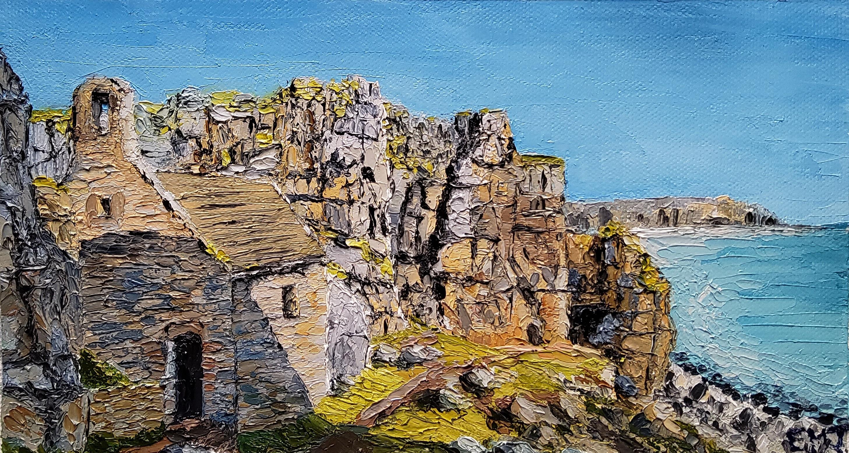 A textured bright, colourful and bold painting of St Govans Bay and the Pembrokeshire coast beyond.