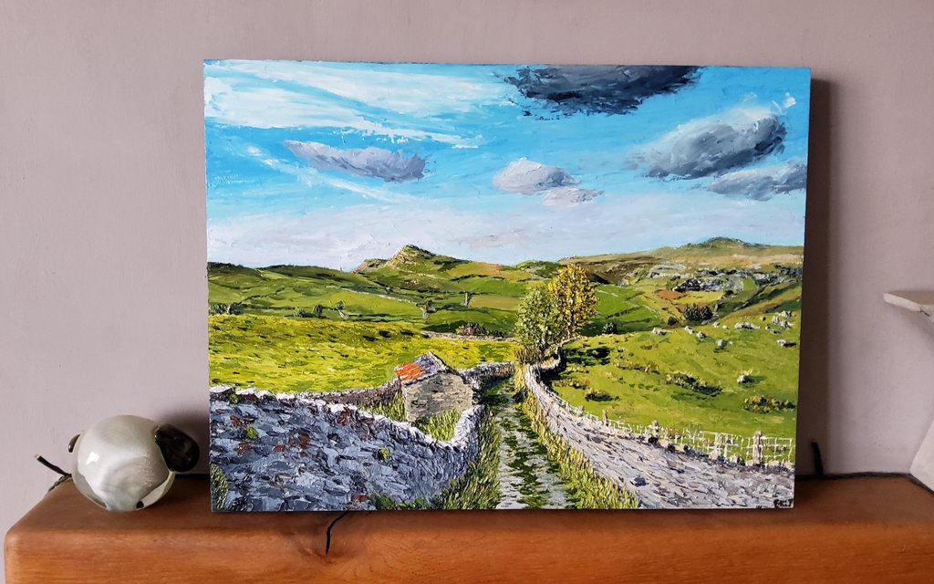 A textured oil painting of a walled land and stone barn above Stainforth in the Yorkshire Dales. 