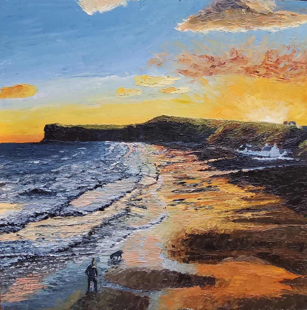 A textured bright and bold textured oil painting of Saltburn beach at Sunrise featuring a dog walker. 
