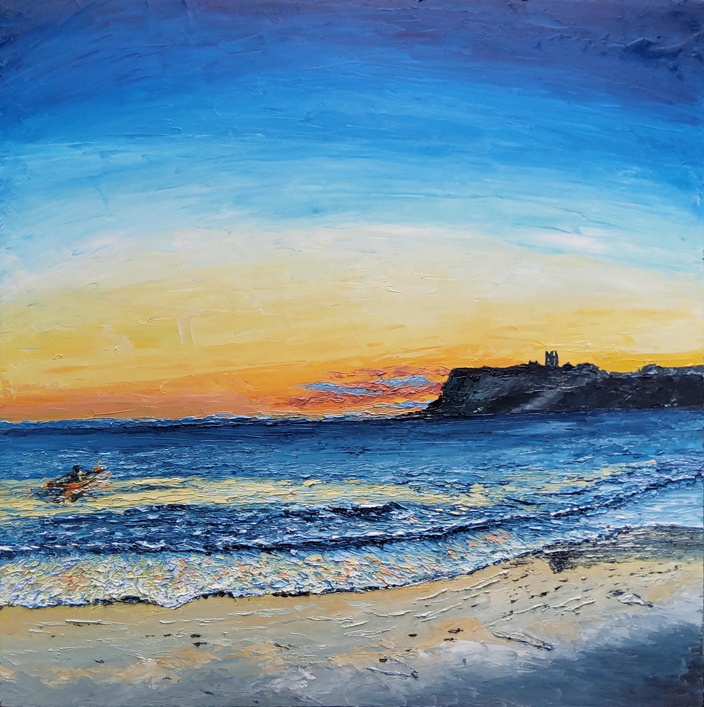 A unique textured oil painting of dawn canoeist on Scarborough beach and a silhouette of the Castle.  