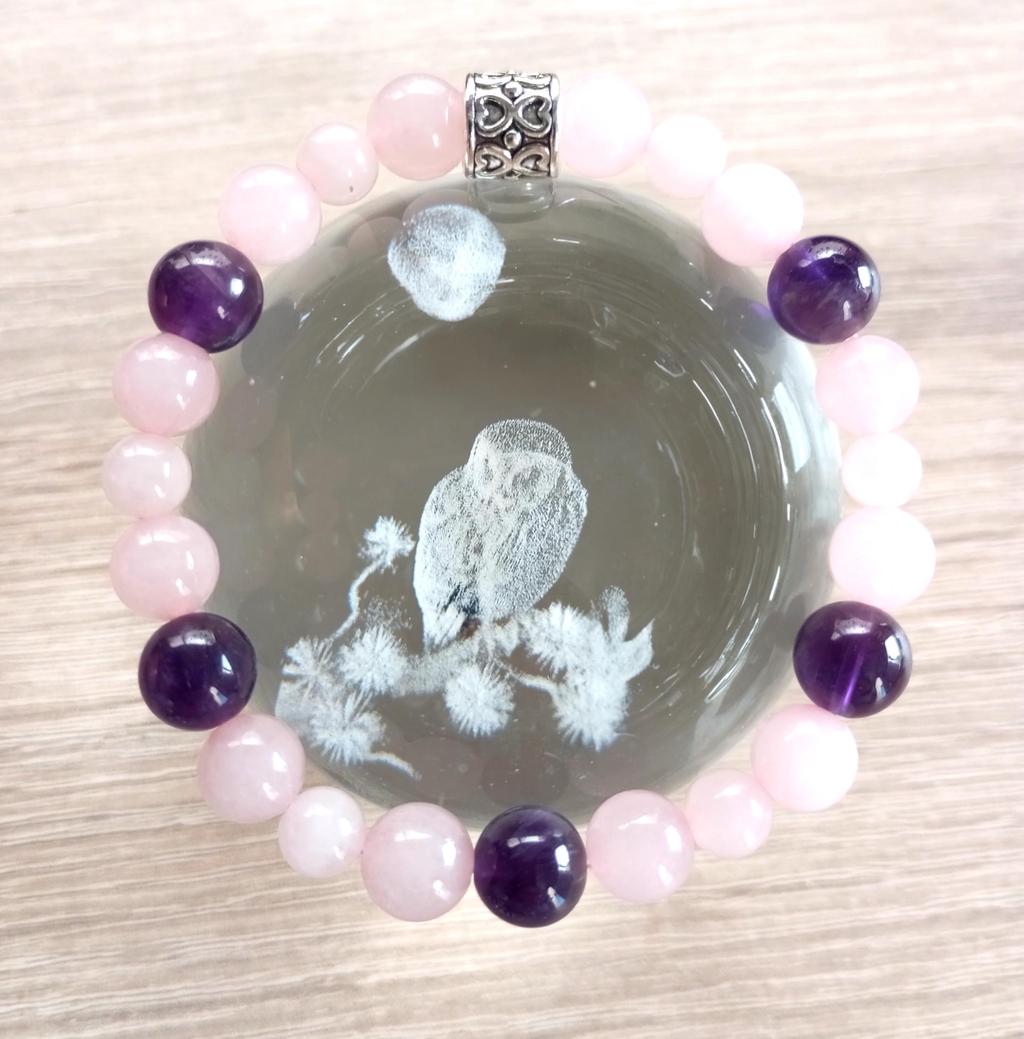 Bracelet élastique améthyste et quartz rose. colère émotion sommeil