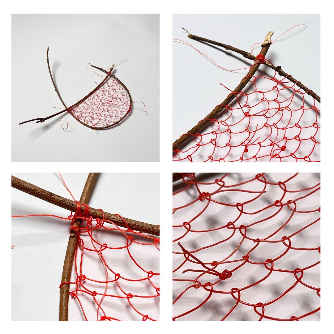 3D wall art - Sculpture and assemblage. Abstract art hand made from found objects and materials.

Image shows looped net made from orange thread tied toa frame made from twigs.

The image shows orange thread looped around two tied twigs to create a loose net.