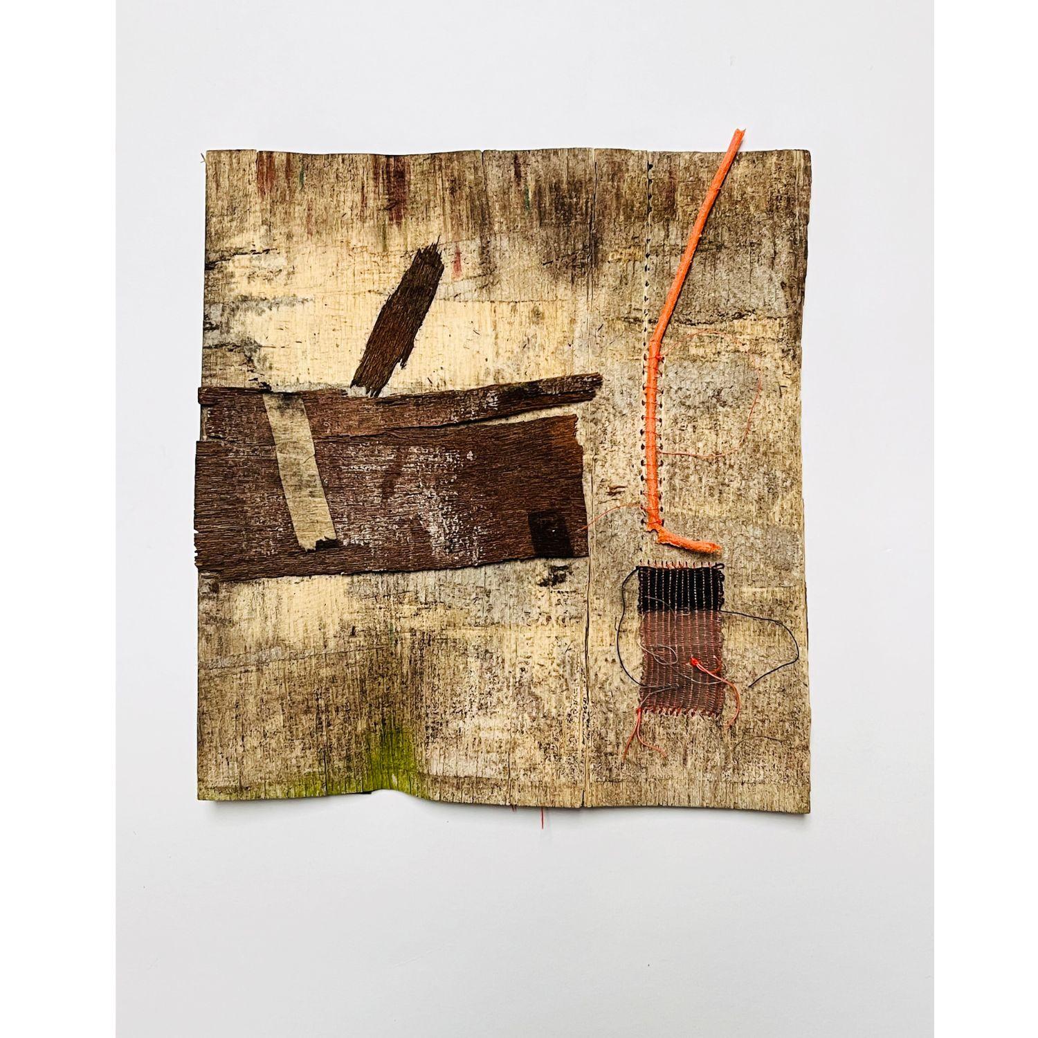 3D Modern minimalist textile inspired wall art - sculpture and assemblage

The image shows a yellow and brown piece of square tree bark.  On the left there is a dark brown rectangle with a small piece of masking tape attached.  On the right a black and great piece of weaving.  Above it, a thin orange strip of plastic has been stitched to the bark.